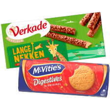 Verkade sprits melk, nizza kokos,
lange nekken, prinses aardbei of
chocorondjes 2 pakken à 145-177 gram
of McVitie’s digestive*
